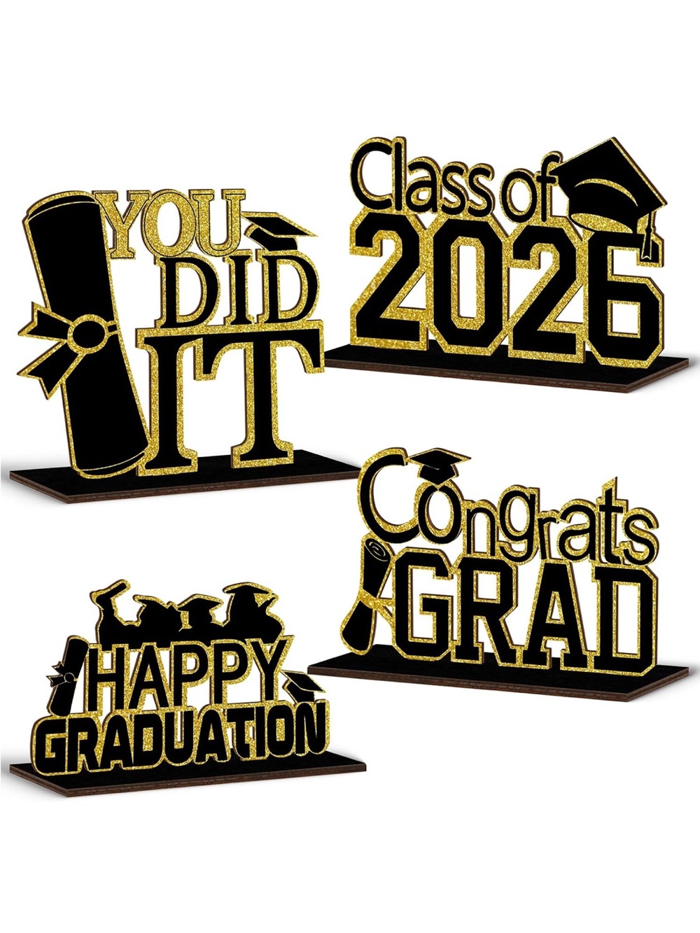 Black & Gold Graduation Tabletop Sign Set - Class of 2026 Decor set of 16